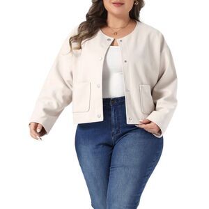Plus Size Cropped Single Breasted Bomber Shacket Coat with Pockets Apricot